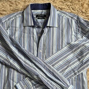 Bugatchi Blue and White Multi-Stripe Dress Shirt